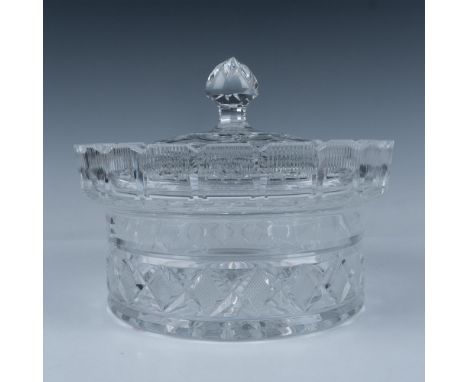 This brilliant Waterford crystal lidded bowl features the etched phrase, Father Time lays his hand lightly upon those who hav