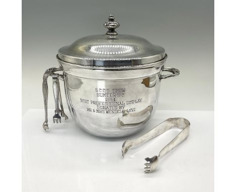 This lidded and lined ice bucket, etched as a reward from Sumter, S.C., in 1954, is marked on the base E.P.C. Poole Silver Co
