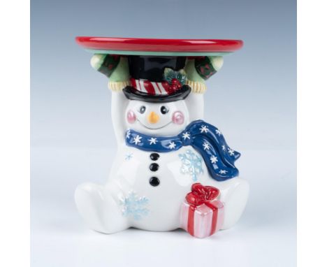 Adorable dapper snowman made of painted ceramic will hold up to a 3" candle above his head. He is dressed in a blue scarf wit