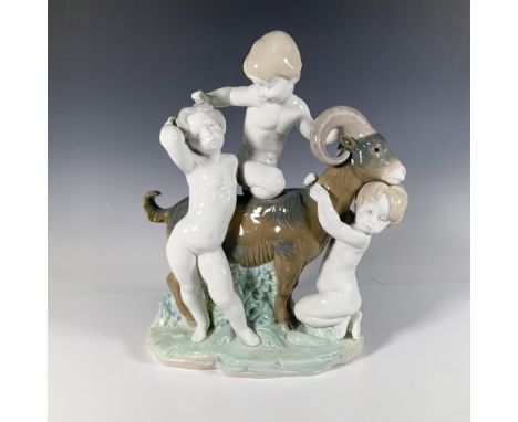 A charming glossy figure depicting young boys playfully surrounding a goat in lush foliage. Lladro backstamp. Artist: Juan Hu