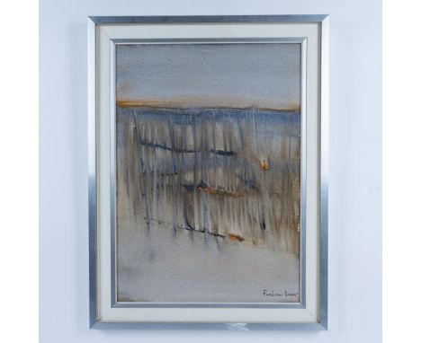 A captivating abstract oil painting on canvas that portrays a body of water, with sweeping lines in the foreground reminiscen
