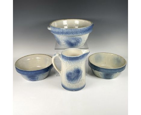 Including one pitcher with raised leaves and fruit 8"H, two mixing bowls with raised flowers 3.75"H and one mixing bowl with 