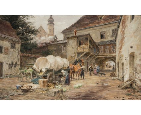 Karl Stuhlmüller1859 München - 1930 ebendaMarkttag im Dachauer LandR. u. signiert. Öl auf Karton. 34,5 x 57 cm. Rest. Rahmen 