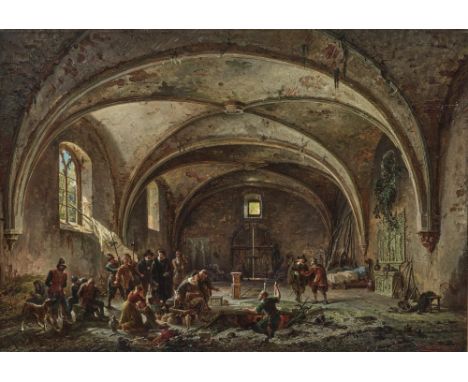 August von Wille1829 Kassel - 1887 Düsseldorf"Auffindung einer Diebsbande in einer verlassenen Kapelle"R. u. signiert und 185