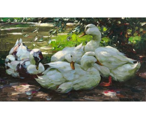 Alexander Koester1864 Bergneustadt - 1932 München"Im Schatten"Vier weiße Enten unter Weidenbäumen am Wasser. R. u. signiert. 