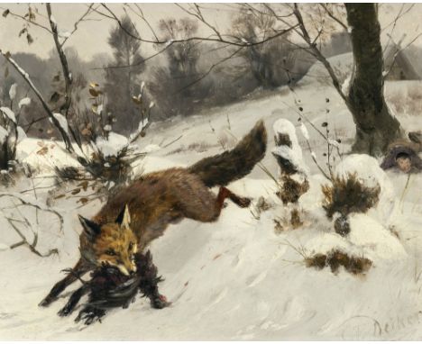 Carl Friedrich Deiker1836 Wetzlar - 1892 DüsseldorfFuchs mit Beute in WinterlandschaftR. u. signiert. Rücks. bezeichnet C.F. 