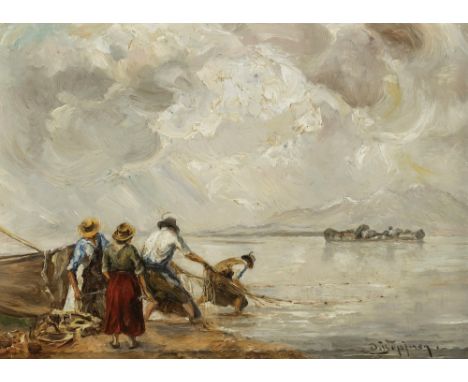 Josef Wopfner1843 Schwaz am Inn - 1927 MünchenZugnetzfischer am ChiemseeIm Hintergrund die Fraueninsel. R. u. signiert. Rücks
