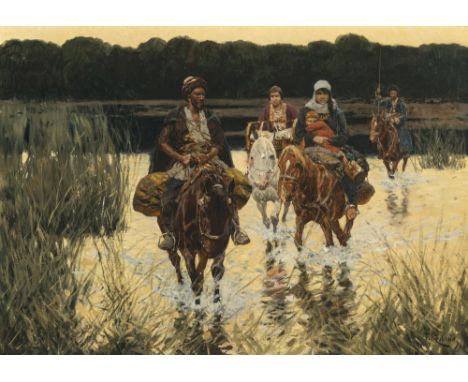 Franz Roubaud1856 Odessa - 1928 MünchenKosaken zu Pferde bei der Überquerung eines FlussesR. u. signiert und 1916 datiert. Rü