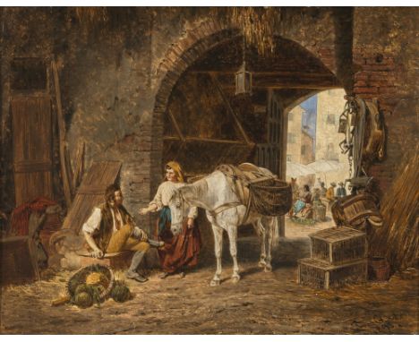 Franz Quaglio1844 München - 1920 Wasserburg am InnItalienisches Bauernpaar im StallR. u. signiert und 1893 datiert. Öl auf Lw