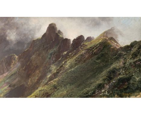 Edward Theodore Compton1849 London - 1921 FeldafingBergkette im MorgennebelR. u. signiert. Öl auf Lwd., auf Holz aufgezogen. 