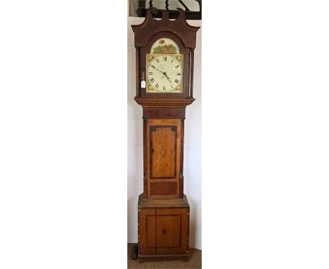 Longcase clock by Sam. Simms, Chipping Norton; oak cased with mahogany detailing, with some damage to the case (lower split, 