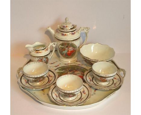 A PRUSSIA SILESIA figural and floral decorated tea service, 20th Century, Reinhold Schlegelmilc factory, each piece decorated