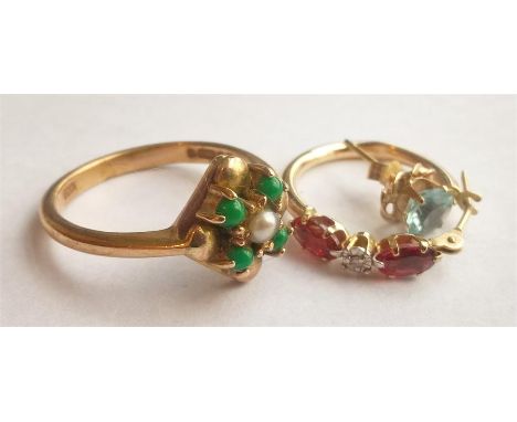 Various items of gold jewellery, including a 9ct ring set Pearl + 4 Jade Cabochon, etc