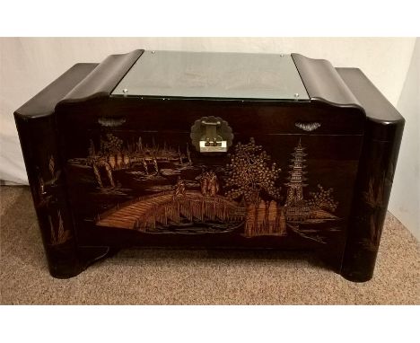 Vintage Oriental Camphor Wood Trunk & Table both carved with scenes of Temples, Cherry Blossom, Figures crossing a Bridge