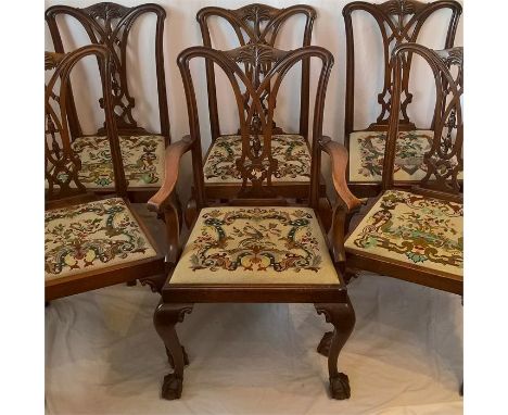 Six Georgian Reproduction Mahogany Dining Chairs, Lattice Work Back, Ball & Claw Feet, Hand Worked Tapestry Drop In Seats, On