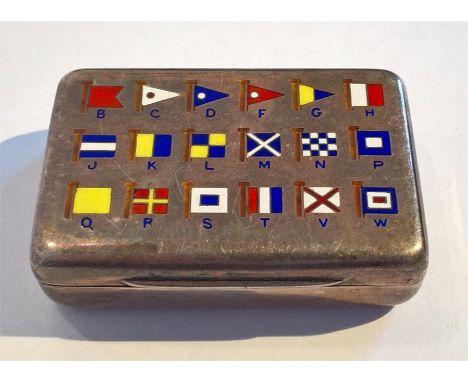 A Silver Vesta Box, London 1893, Silversmith WW, engraved to back, enamel semaphore flags to front (B,C,D,F,G,H,J,K,L,M,N,P,Q