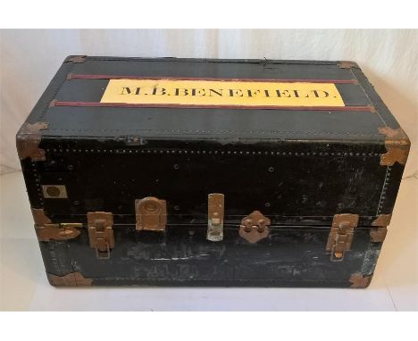 Large 'Overland' Steel & Brass Bound Wardrobe Steamer Trunk with internal fitments, 102cm length x 57cm ht x 56cm width