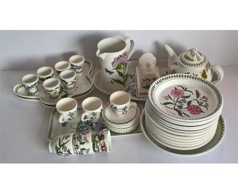 Portmeirion Tea Service mainly 'Botanic Garden' comprising large Teapot, 6 Cups & Saucers, 6 Egg Cups, 6 Plates, Toast Rack, 