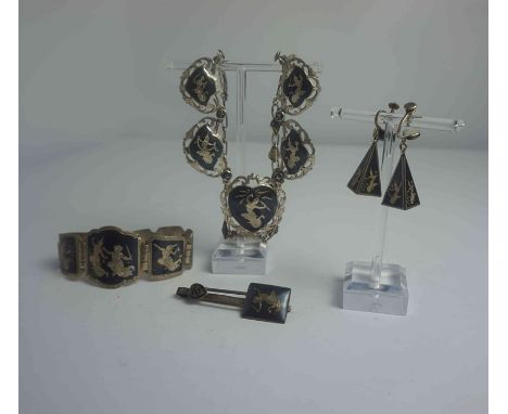 Suite of Indian Silver and Enamel Jewellery, Stamped Siam Sterling, Comprising of Necklace, Bracelet, Brooch and Earrings, De