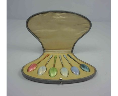 Set of Six Silver Gilt and Enamel Coffee Spoons, Harlequin coloured, Stamped HM and 925 to the reverse of stem, In a fitted c