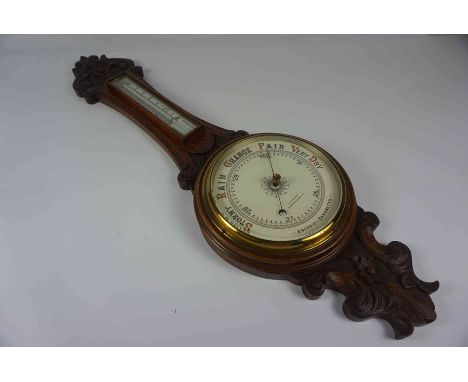 J.Lizars of Edinburgh, Edwardian Oak Aneroid Banjo Barometer, Having a Thermometer gauge to the top, 88cm high