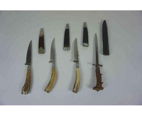 Four Vintage Hunting Knifes / Daggers, Three examples decorated with white metal mounts, All having Antler grips, Blades 9.5c