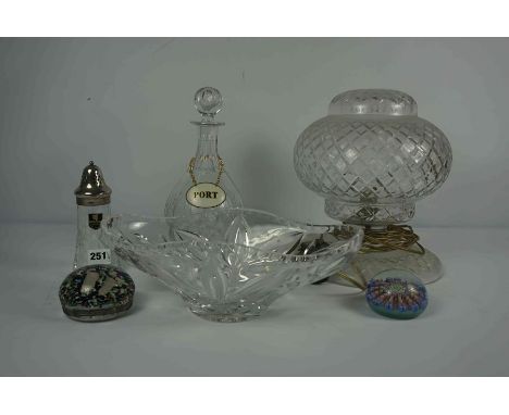 Five Pieces of Crystal and Glass, Comprising of a Bedroom lamp, Decanter, Bowl, Edinburgh Crystal sugar sifter, And two glass