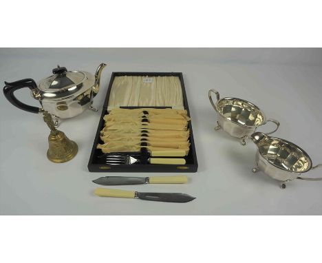 Quantity of Silver Plated Wares, To include a three piece Tea Set, Pair of Soli Fleurs, Pair of Candlesticks, Tray, Cutlery e