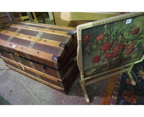 Vintage Wood Bound Travel Trunk, Enclosing a fitted interior, 46cm high, 84cm wide, 50cm deep, Also with a Firescreen table, 