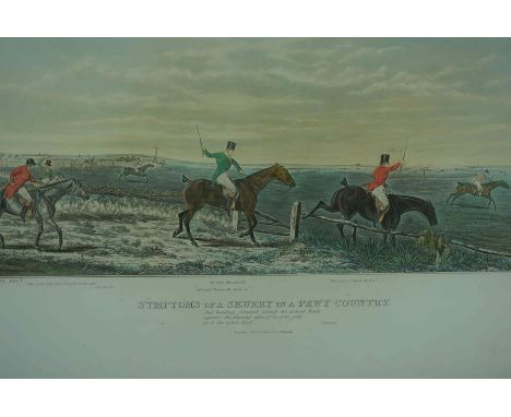 Set of Four Hunting Prints, Leicestershire, Titled "Symptoms of a Skurry in a Pewy Country" "The First Ten Minutes Shaking of
