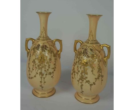 Pair of Royal Worcester Blush Ivory Vases, circa late 19th / early 20th century, Decorated with Gilded Floral Sprays and Garl