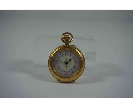 14K Gold Ladies Fob Watch, Stamped 14k to inside of case, Having an Enamel dial with Arabic numerals, Gross weight 20 grams