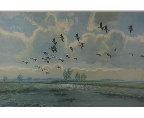 Peter Scott (1909-1989) "Flying Ducks" Signed Print, Signed in pencil, Blind stamp to lower left, 35.5cm x 53.5cm