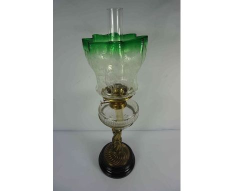 Duplex Oil Lamp, Having a Green tinted glass shade, With glass funnel, 61cm highCondition reportVery minor chips to underside
