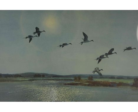 Peter Scott (1909-1989) "Flying Ducks" Signed Print, Signed in pencil, Blind stamp to lower left, 35.5cm x 53.5cm