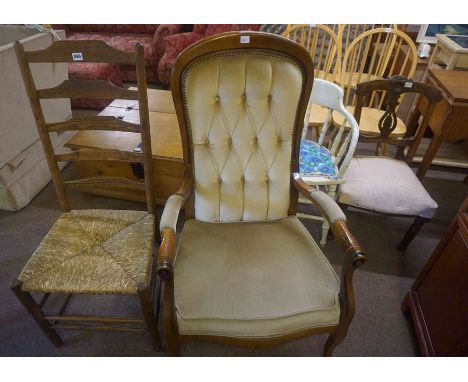 Eight Assorted Chairs, To include a Woven seated Ladder Back Chair, Velour upholstered Armchair, Set of four Spindle Back Cha