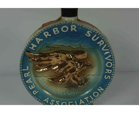 Pearl Harbour Survivors Association Ceramic Decanter, The Moon shaped Decanter is enclosing Jim Beam Bourbon, 100 Months Old,
