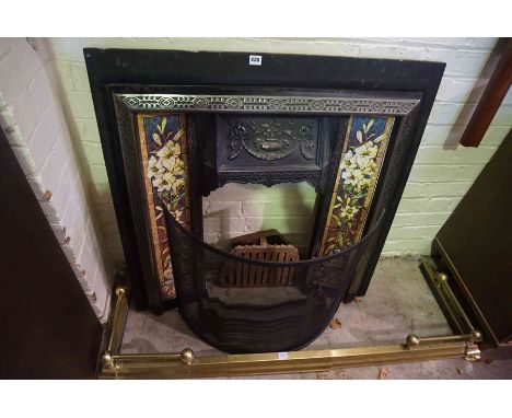 Cast Iron Fireplace, Having ten Minton style tiles, Irish Clover stamp to reverse, With Grate and Guard, Also with a Brass Fi