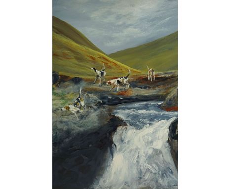 L M Clark (British) "Hunting Dogs" Oil on Board, Signed to lower right, 55cm x 47cm, Converted to a Firescreen, Having a Bras