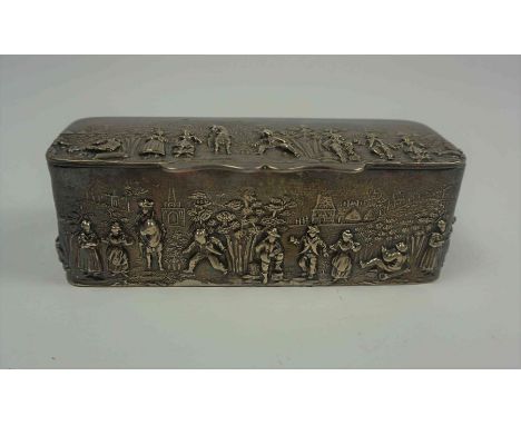 Edward VII Silver Mounted Trinket Box, Hallmarks for Birmingham 1908-09, Decorated with raised figures in a Town scene, The h