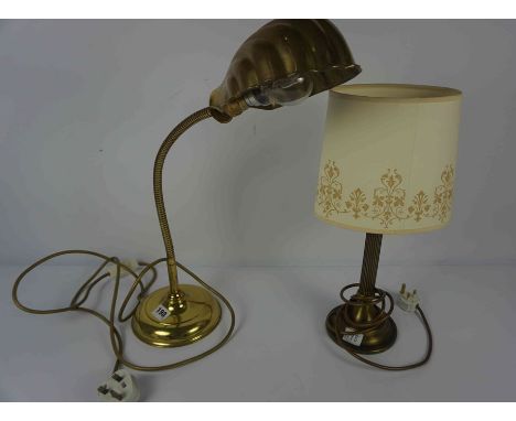 Brass Adjustable Reading Lamp, 45cm high, Also with a Table lamp with shade, Both have been converted to Electricity, (2)