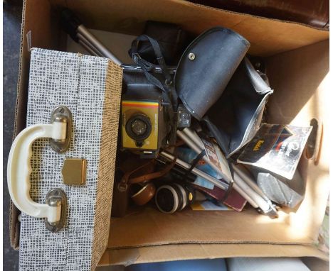 Box of Cameras and Accessories, To include a Polaroid Land Camera, Lenses etc, Also with a Civic 77 Record Player
