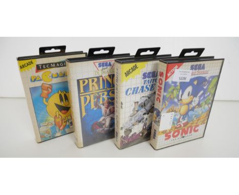 A selection of mostly complete in box Sega Master System games including Sonic the Hedgehog (boxed - no manual) Taito Chase H