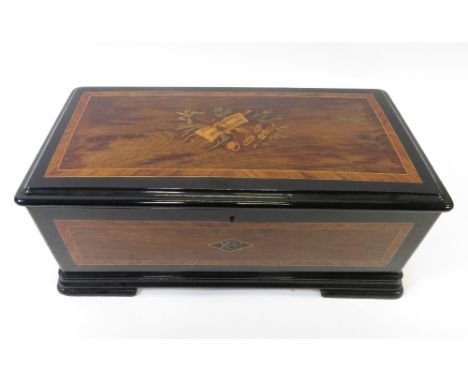 A late 19th century Swiss rosewood and marquetry music box, the crank wind 27.5cm cylinder mechanism, playing 10 airs, with s