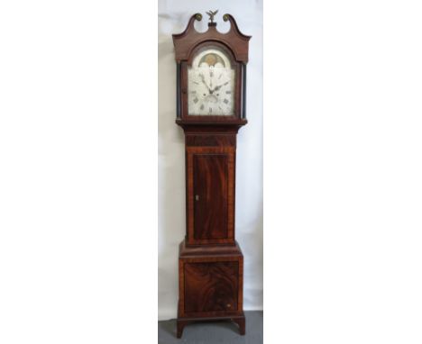 18th century 8 day longcase clock by Francis Stone, Bristol. Silver arched moonphase dial showing high water times and moon c