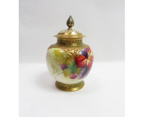 A Royal Worcester blush ivory vase, decorated with blackberries by Kitty Blake, shape number 248, 13cm high 