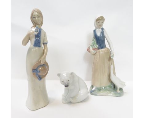 A Nao figure of a lady feeding a goose, along with a Lladro figure of a polar bear and Rex figure of a lady