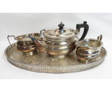 A three piece silver plated tea service, with a silver plated tray by Mappin &amp; Webb