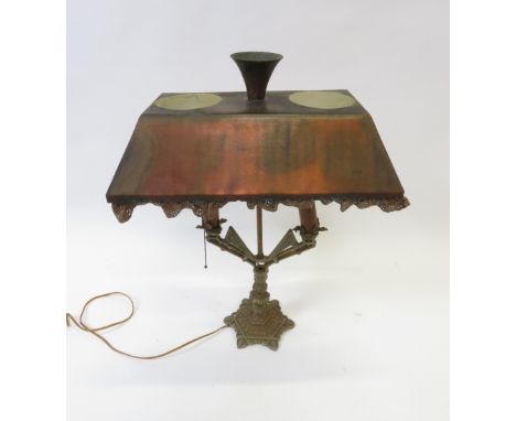 An American Art Deco Milcast desk lamp and shade, dated 1928, 60cm high