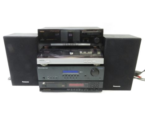 A Cambridge audio stereo receiver, a Teac cassette deck, an Ariston acoustics turntable, two speaker and CD player